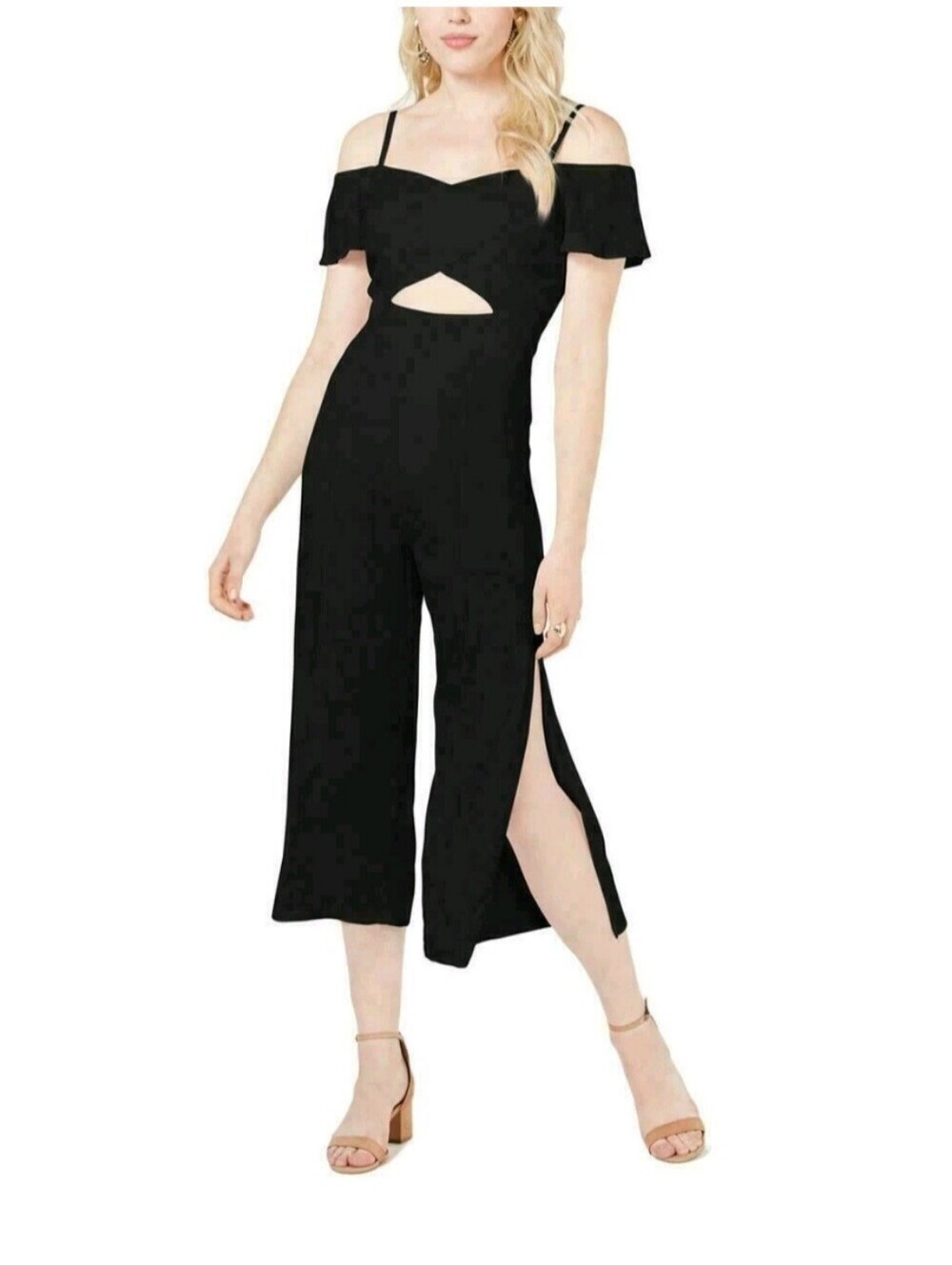 GUESS Jalen Black Off The Shoulder Smocked Cropped Cutout Jumpsuit Size 10
